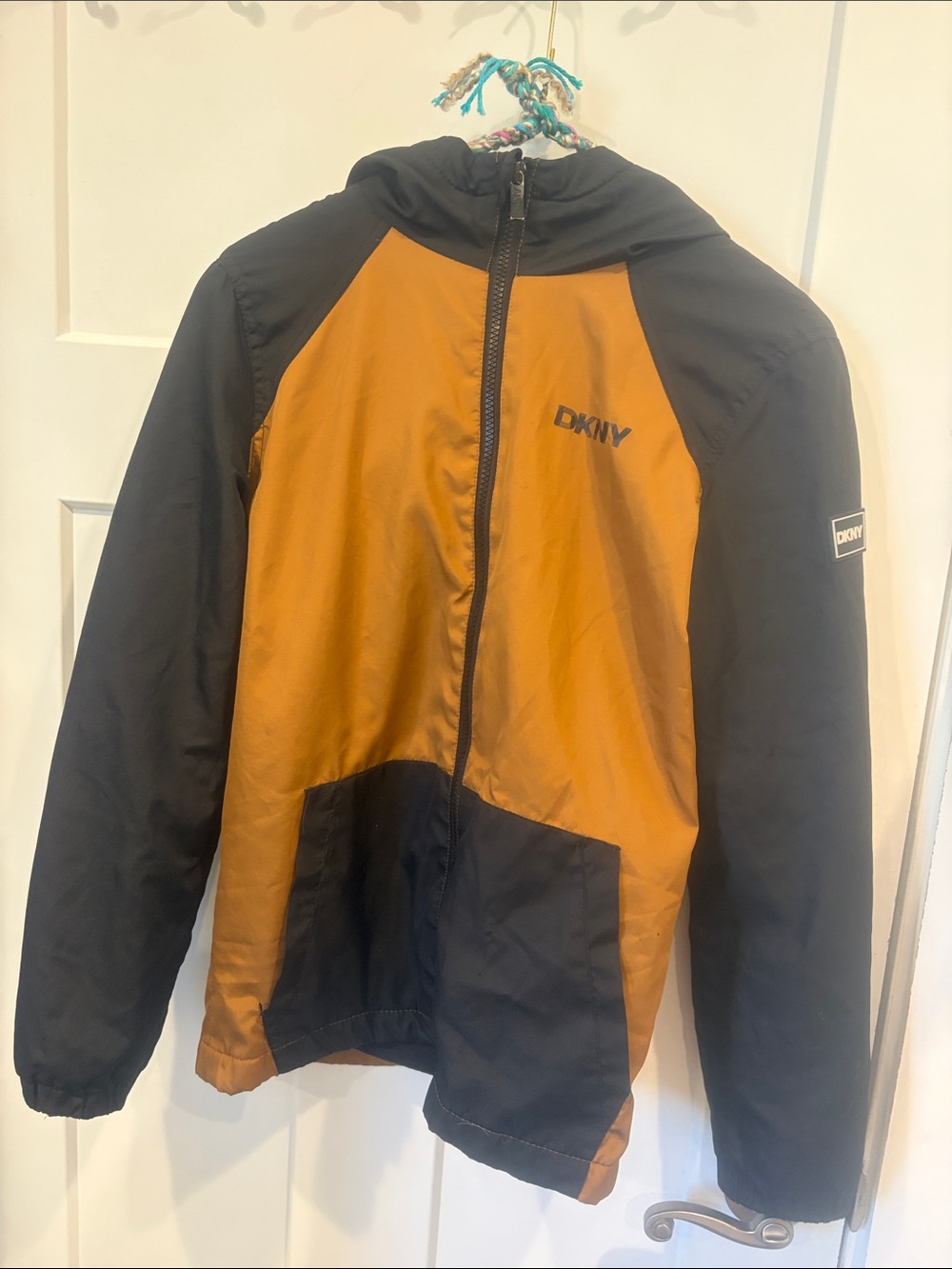 Dkny Men's Black and Mustard Hooded Windbreaker Jacket